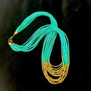 Long Costume Turquoise And Gold Beaded Multi Strand Necklace
